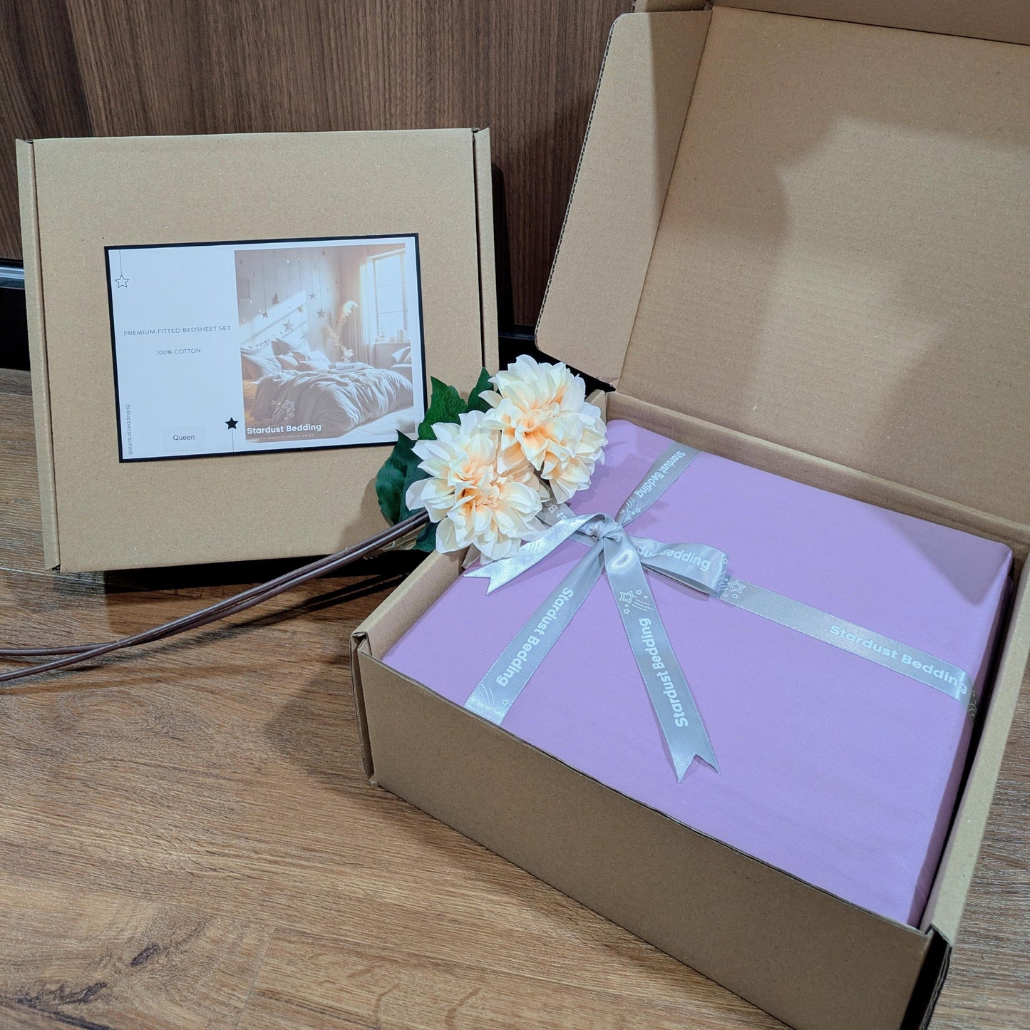 Purple 100% Cotton Fitted Bedsheet Set with Box Packaging