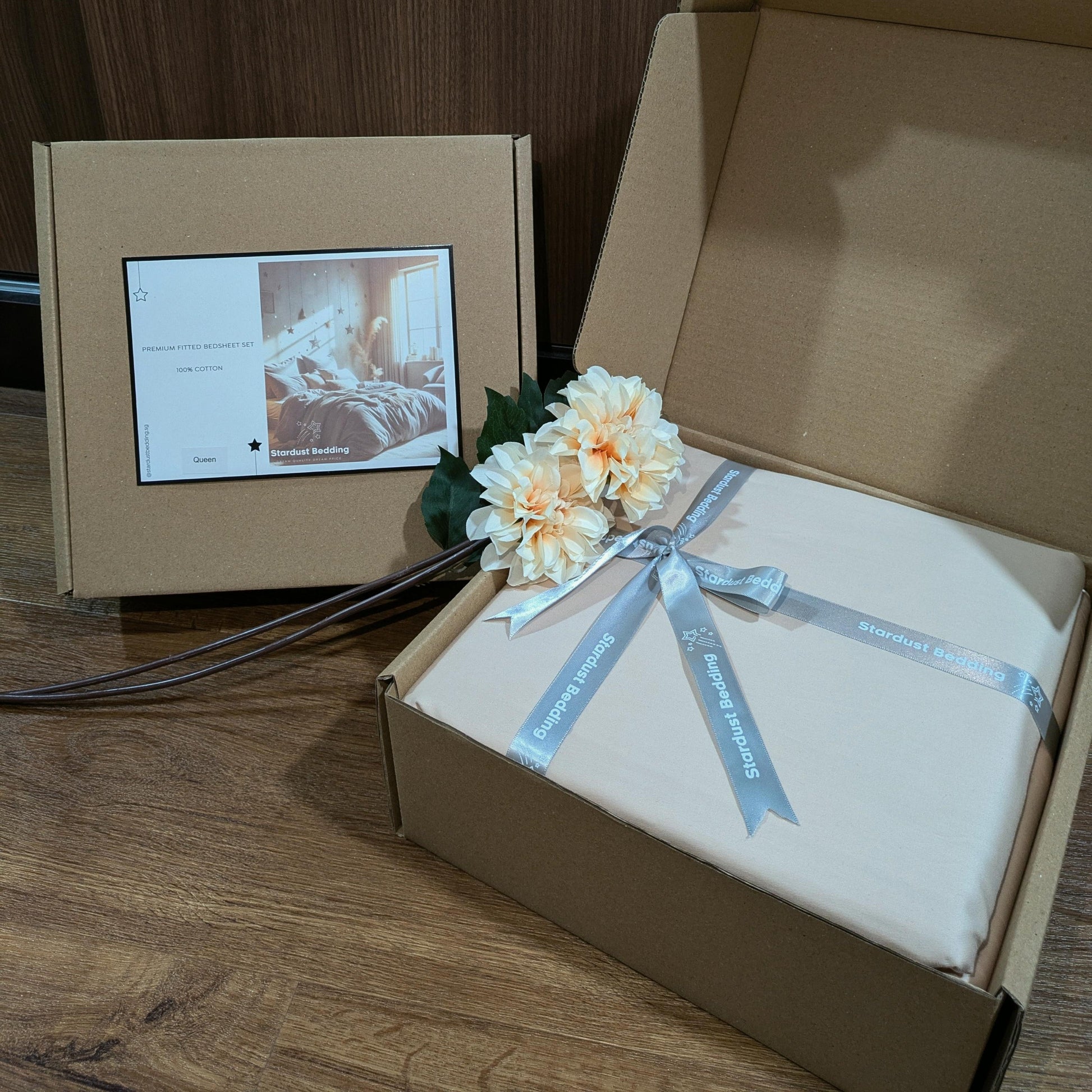 Beige 100% Cotton Fitted Bedsheet Set with Box Packaging