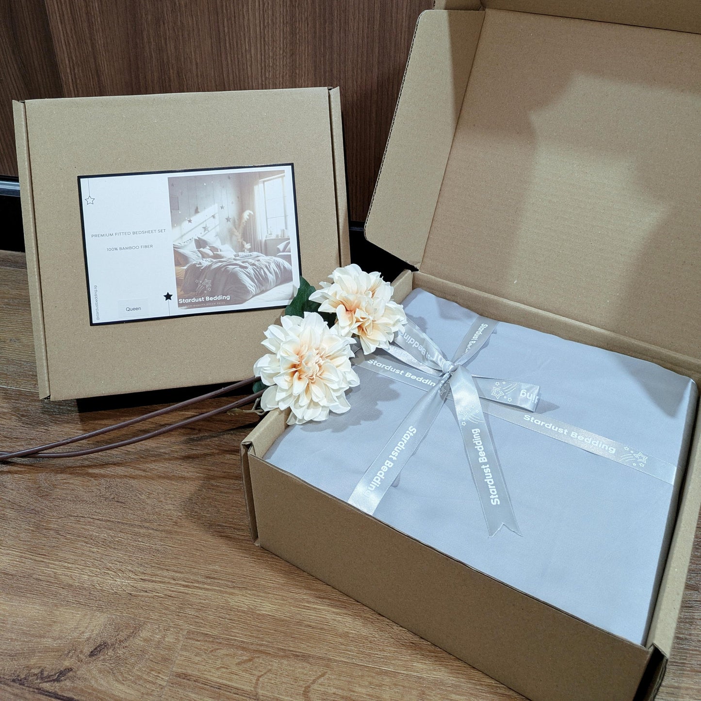 Grey 100% Bamboo Fitted Bedsheet Set with Box Packaging