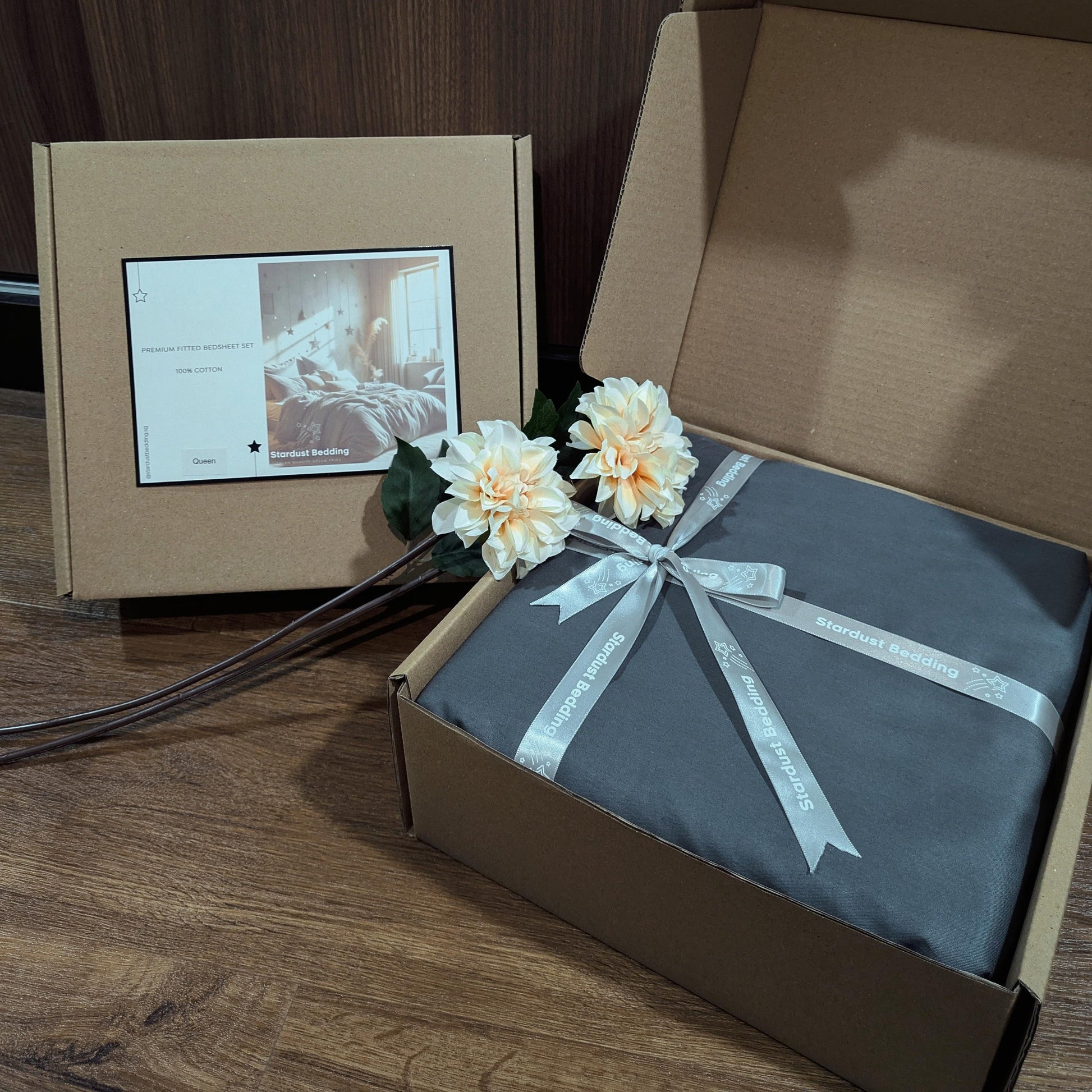 Grey 100% Cotton Fitted Bedsheet Set with Box Packaging