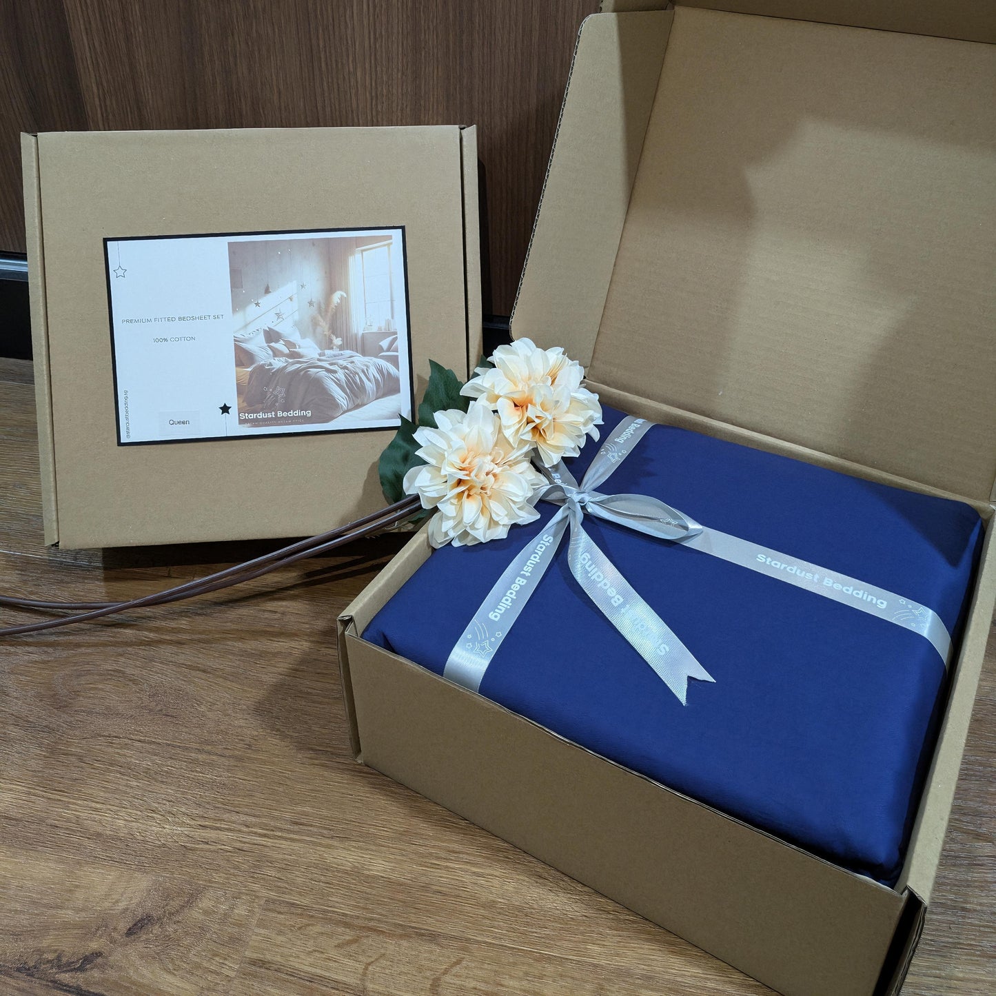 Navy 100% Cotton Fitted Bedsheet Set with Box Packaging